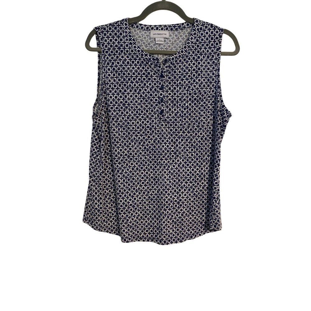 Liz Claiborne Women's Size L Top Sleeveless Blue White Geometric Artsy Summer